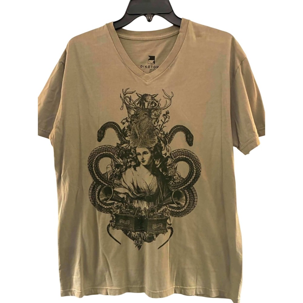 Dikotomy Graphic T-Shirt Mens Large Tan Excellent V-Neck Surrealist Serpent Deer